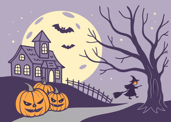 Halloween Night Background Vector Illustration with Pumpkins on the Moonlight and Several Other Elements in Flat Cartoon Hand Drawn Templates
