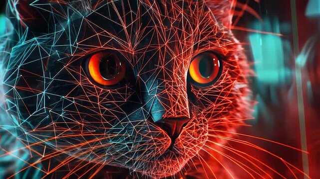 Digital cat face with glowing network of lines