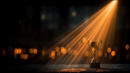 Glowing Trophy Illuminated by Rays of Light in a Dark Environment