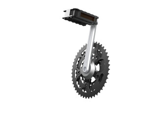 Professional studio shot of a detailed bicycle pedal assembly: pedal, silver crank arm, and dark chainring gear. High-resolution PNG cut-out for bike maintenance, repair, and sports equipment designs.