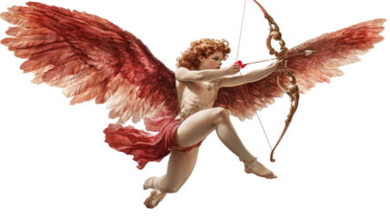 a red cupid figure with large ornate wings on white background
