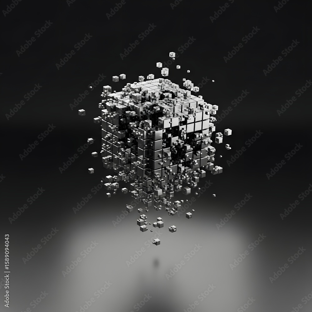 Poster a fragmented metallic cube dissolving into numerous smaller, reflective pieces against a dark backdr