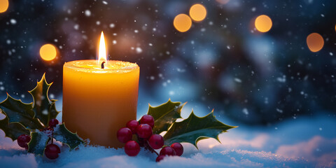 Snowy scene with a burning candle