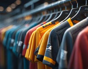 Colorful sport jerseys hang store display. Football, soccer shirts. Clothing apparel retail. Bright team uniforms on hangers, various sizes, modern shop interior.