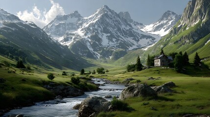Obraz premium Scenic Mountain Valley – Snow-Capped Peaks, Green Meadows, and Serene Riverside Cabin