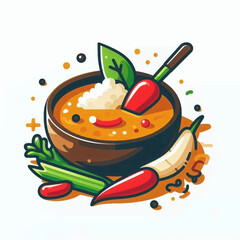Cartoon bowl of spicy soup with peppers celery herbs and rice