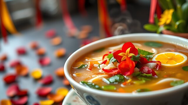 Vietnam National Day flag on silk cushion with bamboo leaves and lanterns - Powered by Adobe