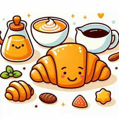 Cartoon breakfast scene croissant honey cream coffee chocolates and candies