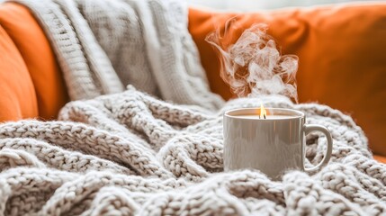 Cozy Winter Candle in Mug on Knit Blanket