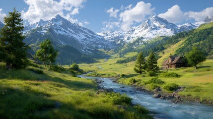 Scenic Mountain Valley – Snow-Capped Peaks, Green Meadows, and Serene Riverside Cabin