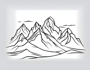 Minimalist black line drawing of a rugged mountain range with multiple jagged peaks and flowing ridges, on a white background, ideal for coloring pages, tattoos, or nature-inspired designs.