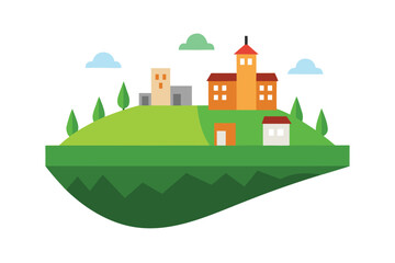 Fototapeta premium Urban Village On Lifted Terrain With Green Fields