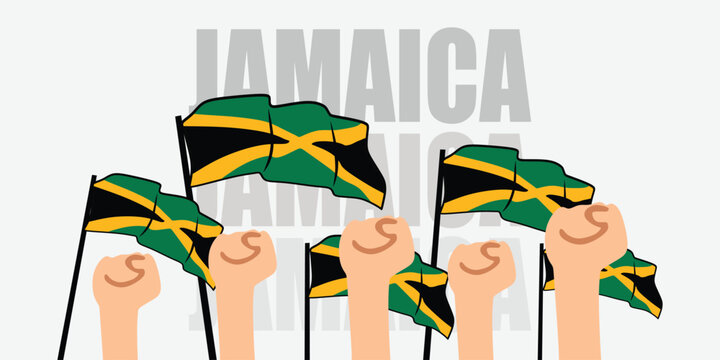 hand with flag of the Jamaica or Jamaica independence day vector illustration of Jamaica flag with gray background banner or greeting card - Powered by Adobe