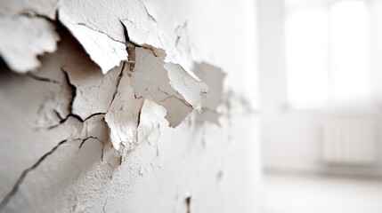 Close-up of Cracked and Damaged White Interior Wall Showing Paint Peel and Damage.