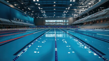 Indoor Olympic-size swimming pool with clear blue water, lane dividers, and spectator seating.