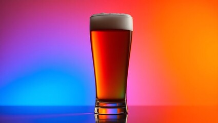 A tall pilsner glass filled with beer and a foamy head on a colorful gradient background studio shot | national 