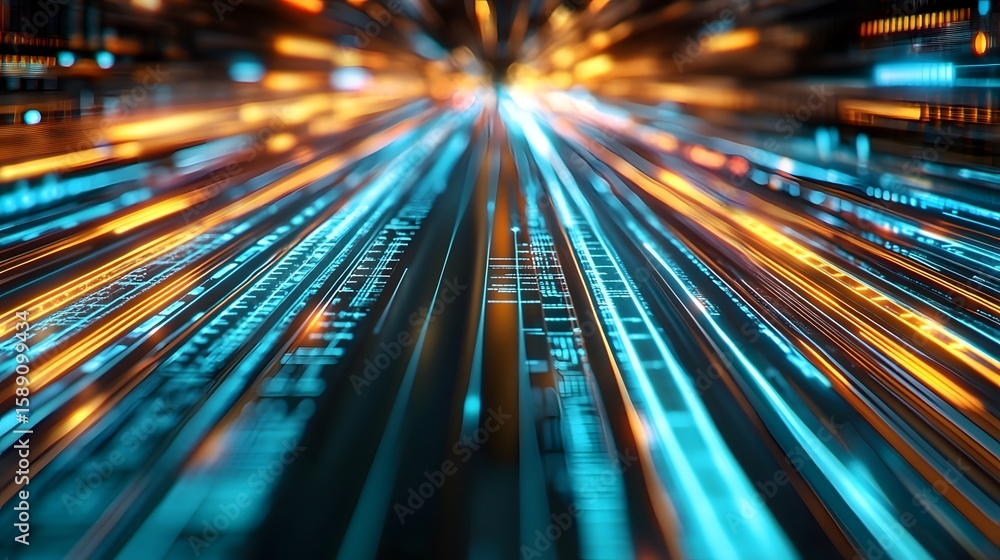 Poster dynamic digital data streams with glowing lines and abstract patterns