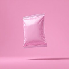 Pink plastic snack bag floats on a pink background