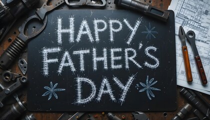 A dark chalkboard with the words "Happy Father's Day" written in a textured, white, scratch-style font.  Surrounding it are various metal tools and mechanical parts, plus blueprints