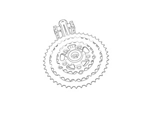 Wireframe Depiction of bicycle pedal and chainrings. A Technical Drawing and Simple Line Art presents this Outline Illustration, executed in a Monochrome style. Perfect for engineering, cycling, or