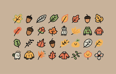 Cute autumn icons with leaves acorns sweaters and pumpkins