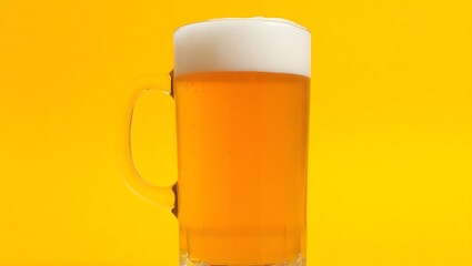 A full mug of beer with a thick white foam head against a bright yellow background in a studio shot | national 