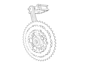 Technical Schematic Sketch of Gear Cog and Crank Arm. Detailed Mechanical Component Cross Section Utilizing Simple Geometry and Blueprint Style Outline Illustration for Structural Analysis.