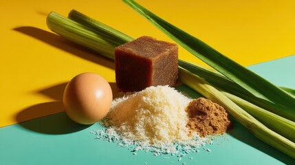 Assorted ingredients including egg, coconut, and spices arranged artistically on a vibrant backdrop, showcasing culinary creativity for food photography or cooking projects.
