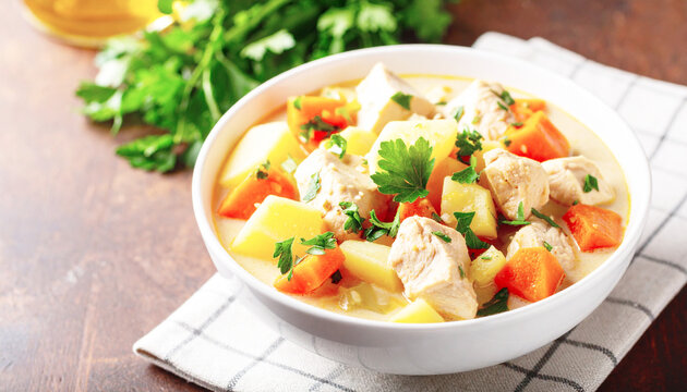 Bowl of chicken stew with vegetables. AI