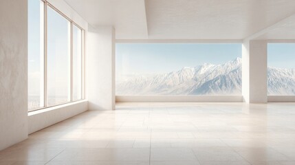 Fototapeta premium Bright spacious modern interior with large windows showcasing mountain view landscape.