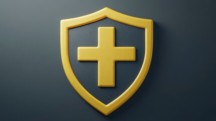 Obraz premium Gold shield with a medical cross symbol on dark background.