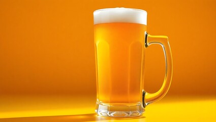 A full mug of beer with white foam on top against a solid orange background in a studio setting | national 