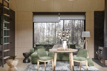 Modern forest cabin living room with large windows, green sofa, wooden accents, and forest views. Comfortable space with natural light and Scandinavian design.
