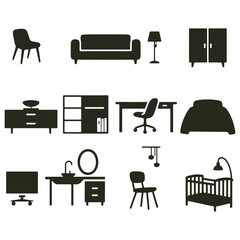 Silhouette Icons of Household Furniture and Interior Elements
