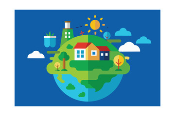 Fototapeta premium Isolated Cartoon Eco World With Homes Fields And Nature