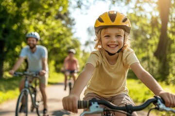 Naklejka premium Happy child wearing helmet riding bicycle in park with family