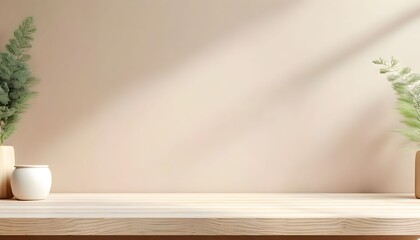 Empty light beige wooden surface with potted ferns, bathed in sunlight.