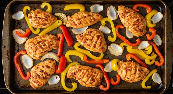 Roasted chicken breasts with yellow and red bell peppers on an oven tray, delicious