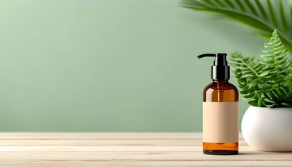 Amber glass pump bottle with beige label, displayed against a muted green background, next to a potted fern.