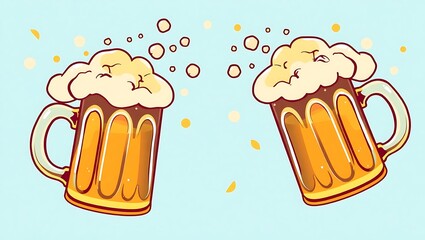 Two cartoon beer mugs with foam and bubbles on a light blue background and yellow confetti falling | national 