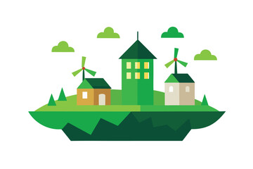 Obraz premium Green Rooftop Houses On Mini Floating Island With Greenery