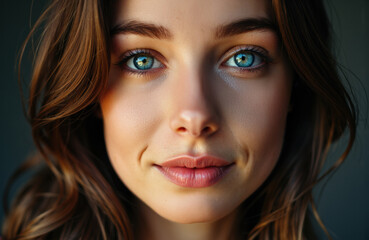 Fototapeta premium Woman with striking blue eyes and light makeup looking directly at the camera