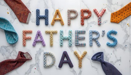 Colorful Father's Day message formed from patterned fabric ties on a marble surface