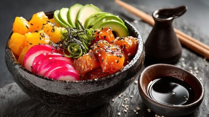 Delicious salmon poke bowl with avocado and sesame seeds.