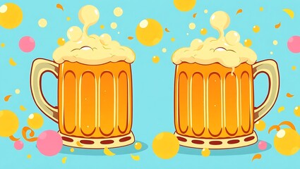 Two cartoon beer mugs with foam on a blue background with bubbles and confetti illustration style | national 