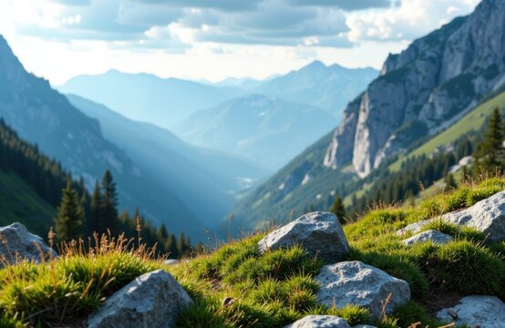 Majestic mountain landscape with lush green foreground and distant misty peaks - Powered by Adobe