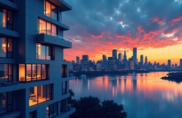 Sunset over a modern city skyline with illuminated buildings and calm water reflections