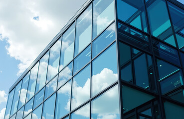 Obraz premium Modern glass building reflecting blue sky and clouds with sleek architectural design