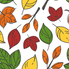 Vector seamless pattern of many big autumn leaves. Cute fall print. Editable outline sketch. Colorful hand-drawn foliage. Bright kids room wallpaper. Funny art for ads layout design, notebook cover