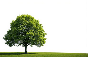 A lush green tree standing alone on a grassy field with a clear sky background